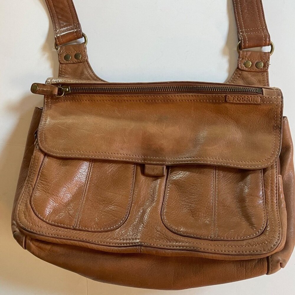 Fossil Tan Leather Crossbody Shoulder Bag With Adjustable Strap & Front Pockets